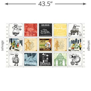 May include: A rectangular fabric panel measuring 43.5 inches wide, featuring a grid of fifteen squares with vintage-style illustrations of gingerbread, baking scenes, and text including Cookie Day, Sledding, Bake, Mix, Chopping, and Gift.