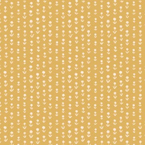 May include: Mustard yellow background with a repeating pattern of small, white, stylized flowers. Each flower has a round head and a slender stem, creating a delicate and uniform design. The pattern is evenly spaced, giving a sense of order and simplicity.