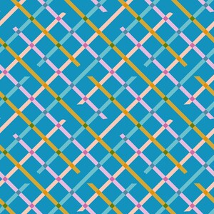 May include: A seamless pattern featuring a grid of intersecting lines in various colors. Diagonal lines in gold, light blue, and pink intersect with vertical and horizontal lines in teal, pink, and green, all set against a teal background.