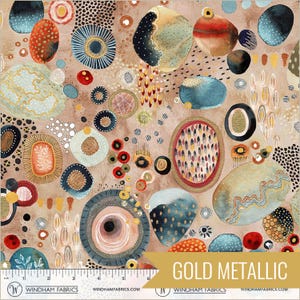 May include: A fabric with a repeating pattern of colorful, abstract shapes in shades of blue, orange, red, and gold on a tan background. The fabric has a metallic sheen and the text "GOLD METALLIC" is visible.
