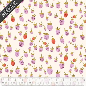 May include: Cream-colored fabric with a repeating pattern of strawberries. The strawberries are in shades of pink and red, with green stems and leaves. The word "WIDEBACK" is printed diagonally across the top left corner.