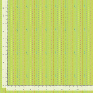 May include: A lime green fabric with vertical stripes. The stripes include rows of small pink and yellow triangles, orange zigzags, and blue lines with a curved design. The fabric has a ruler along the left side.