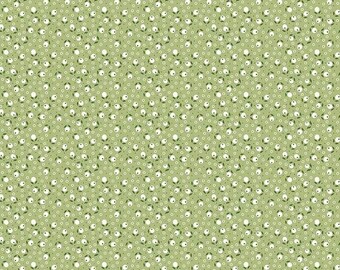 May include: A green fabric with a repeating pattern of small white flowers with green leaves. The fabric has a subtle texture.