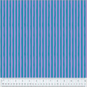 May include: A fabric with alternating stripes of teal blue and lavender. The fabric has a textured, hand-drawn look.