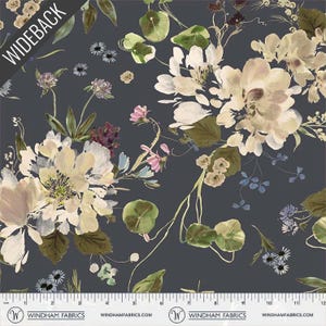 May include: Dark gray fabric with a floral pattern. Large, creamy white flowers with green leaves and smaller pink and blue blossoms are scattered across the fabric. The word "WIDEBACK" is printed diagonally across the top left corner.