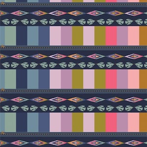 May include: A repeating pattern with horizontal bands of color and decorative elements. The design features alternating stripes of various colors, including blue, pink, green, and gold. The bands are separated by dark blue lines with geometric and leaf-like motifs.