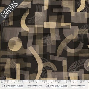 May include: Canvas fabric with an abstract geometric design in shades of black, tan, and gray. The pattern includes rectangles, curved shapes, and circles. The word "CANVAS" is printed in white on a black diagonal banner.