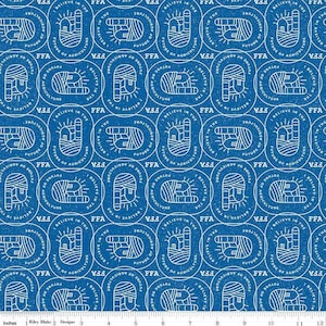 May include: Blue fabric with a white repeating pattern of circles containing the text "Believe in the Future of Agriculture" and "FFA".