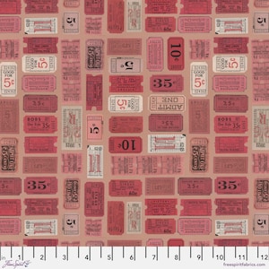 May include: A seamless fabric pattern featuring a repeating design of vintage ticket stubs in shades of pink and white. The tickets have various prices and text, including "ADMIT ONE", "BOBS", "CIRCUS", and "VICTORY".