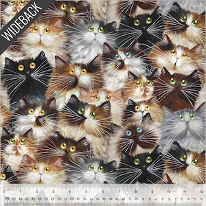 May include: Fabric with a repeating pattern of cat faces in various colors, including black, brown, gray, and calico. The cats have different eye colors, such as yellow, green, and blue. The word "WIDEBACK" is printed on the top left corner.