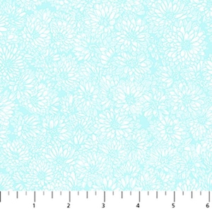 May include: A fabric with a repeating pattern of white floral designs on a light blue background. The flowers are detailed with delicate lines, creating a textured appearance. The overall design is dense, covering the entire surface.