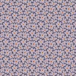 May include: A repeating pattern of light purple flowers with five rounded petals and a small, circular, light orange center with dark brown dots. The flowers are densely packed against a dark navy blue background, creating a continuous floral design.