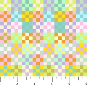May include: A colorful checkered fabric with a repeating pattern of pastel pink, yellow, green, blue, and orange squares.