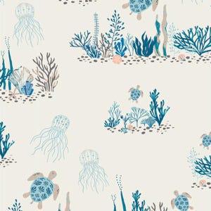 May include: A repeating pattern featuring marine life illustrations. The design includes light blue jellyfish, sea turtles, and various types of seaweed and coral in shades of blue, gray, and beige, set against a cream background.