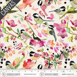 May include: Canvas fabric featuring a watercolor design of birds and flowers in shades of pink, orange, green, and yellow on a cream background. The birds are perched on branches with pink blossoms. The word "CANVAS" is printed in the upper left corner.