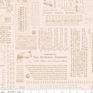May include: Beige fabric with a vintage newspaper print featuring text, a typewriter illustration, and a graph. The design includes various fonts and layouts, evoking a retro aesthetic.