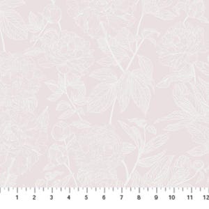 May include: A light pink fabric with a repeating pattern of white peony flowers and leaves. The floral design is detailed with delicate lines, creating a soft, elegant aesthetic. The fabric is measured in inches.
