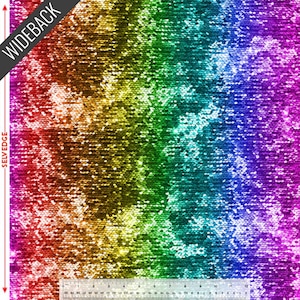 May include: A fabric with a rainbow gradient of colors, from red to purple, with a sequin-like texture. The words "WIDEBACK" and "SELVEDGE" are printed on the fabric.