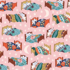 May include: A repeating pattern of beds with mice tucked in, set against a pink background with white stars and crescent moons. The beds have floral and geometric patterned bedding in various colors, including blue, orange, and yellow.