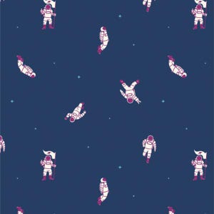 May include: A repeating pattern of astronauts in white spacesuits with pink accents against a dark blue background. Some astronauts float, while others hold flags. Small white stars are scattered throughout the design.
