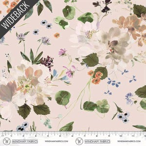 May include: Floral fabric with a wideback design. The fabric features a light pink background with a watercolor-style floral pattern. The flowers are in shades of white, peach, orange, and purple, with green leaves and stems. The text "WIDEBACK" is printed on the top left.