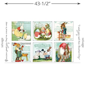May include: Fabric panel featuring vintage Easter-themed illustrations. The panel is 43-1/2 inches wide and includes images of rabbits, eggs, and text such as "Paas Egg Dyes" and "Greetings". The color palette includes pastels and vintage tones.