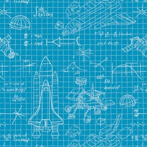 May include: A seamless pattern featuring white line drawings of rockets, space shuttles, and scientific diagrams on a bright blue grid background. The design includes mathematical equations and geometric shapes, creating a blueprint aesthetic.