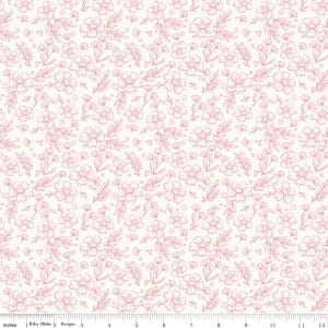 May include: A fabric with a repeating pattern of pink floral line drawings on a cream background. The design includes various sizes of flowers, leaves, and small dots, creating a delicate and detailed pattern. The fabric is measured in inches.
