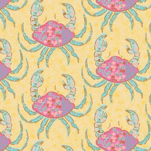 May include: A repeating pattern on a light yellow background featuring stylized crabs. Each crab has a pink shell decorated with small flowers and blue stripes, paired with light blue legs and claws that have a dotted texture pattern.
