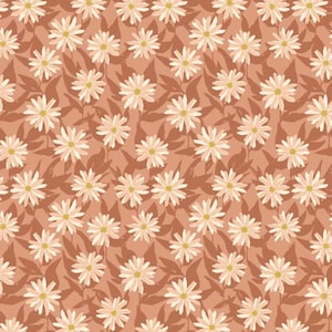 May include: A repeating pattern of white daisies with yellow centers and brown leaves on a terracotta background. The floral design is evenly spaced, creating a visually appealing and balanced composition. The overall theme is nature and floral.