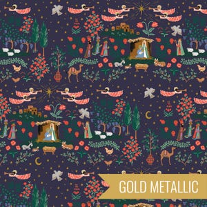 May include: A navy blue fabric with a repeating pattern of a nativity scene, including angels, stars, and the three wise men. The design features gold metallic accents and is filled with trees, animals, and floral elements.