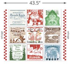 May include: A fabric panel measuring 43.5 inches wide featuring a grid of nine vintage-style holiday baking advertisements. The designs include text like Strictly Fresh Eggs, Santa's Cookies and Cakes, and Gingerbread Flour Mills, Inc.