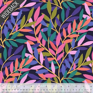 May include: A fabric with a repeating pattern of colorful leaves and branches. The leaves are in shades of pink, purple, blue, green, and orange, set against a dark navy background. The branches are yellow. The word "WIDEBACK" is printed in white.