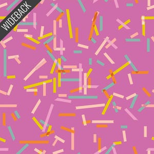 May include: A repeating pattern of colorful rectangles in shades of yellow, orange, pink, and teal on a magenta background. The word "WIDEBACK" is printed in white on a black diagonal banner in the upper left corner.