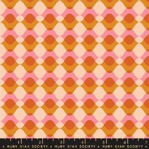 May include: A fabric with a repeating pattern of overlapping, wavy shapes in shades of pink, peach, and orange. The design has a retro, mid-century modern aesthetic. The text "RUBY STAR SOCIETY" is printed at the bottom.