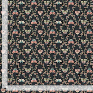 May include: Dark navy fabric with a repeating pattern of colorful moths and pink flowers. The moths have intricate wing patterns in shades of pink, teal, and cream, set against a backdrop of dark green vines.