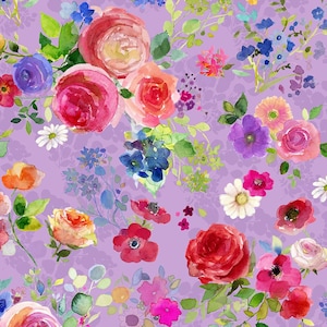 May include: Watercolor floral pattern featuring a variety of flowers in shades of red, pink, orange, purple, and blue on a lavender background. The design includes roses, daisies, and other blossoms with green foliage.