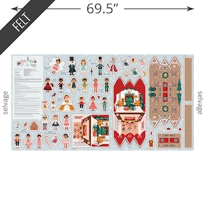 May include: A felt fabric panel measuring 69.5 inches wide featuring a Nutcracker theme. The print includes various characters, mice, a gingerbread house structure, and interior room scenes with Christmas trees, furniture, and holiday decorations.