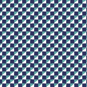 May include: A repeating pattern of diagonal rows of squares in navy blue, teal, and white. The squares have a slightly irregular, hand-painted appearance, creating a textured effect. The design is a simple, yet visually appealing, geometric pattern.