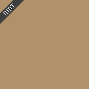 May include: A solid tan fleece fabric with the word "FLEECE" printed in white on a black diagonal banner in the upper left corner. The fabric is a warm, neutral color.