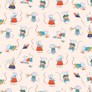 May include: A repeating pattern of whimsical mice in various poses. The mice are depicted in outfits of red, blue, and green, some playing instruments, others with toys or kites. The background is a soft, pale peach color.