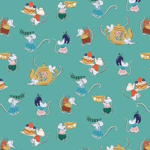 May include: A teal background with a repeating pattern of cartoon mice, teapots, cheese, and fruit. The mice are dressed in various outfits and carrying food items. The teapots are gold with floral designs.