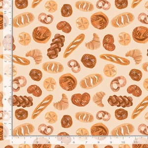 May include: A repeating pattern of various baked goods including croissants, baguettes, pretzels, and braided breads on a light peach background, with a visible ruler showing measurements up to 11 inches on the left and bottom edges.