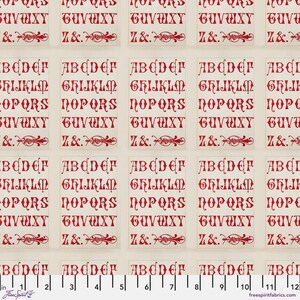 May include: A repeating pattern of the alphabet in red on a cream background. The letters are in a stylized font with a medieval or old-fashioned look. The letters are arranged in rows of five, with each row starting with the letter A and ending with the letter Y. The letters are separated by a small space, and there is a small decorative flourish between each row.