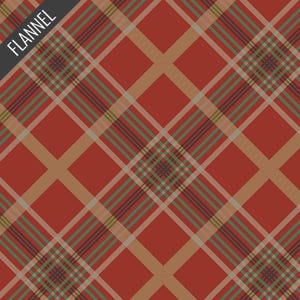 May include: Red and brown plaid flannel fabric with diagonal lines and the word "FLANNEL" in white text on a black banner in the upper left corner. The plaid pattern includes green and navy blue stripes.