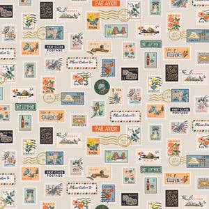 May include: A seamless pattern featuring a variety of colorful postage stamps with different destinations, including Paris, Tokyo, London, and Sydney. The stamps feature illustrations of landmarks, animals, and flowers. The background is a light beige color.