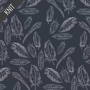 May include: Dark navy blue fabric with a repeating pattern of white feather illustrations. The word "KNIT" is printed in white on a black diagonal stripe in the upper left corner. The feathers vary in size and orientation.