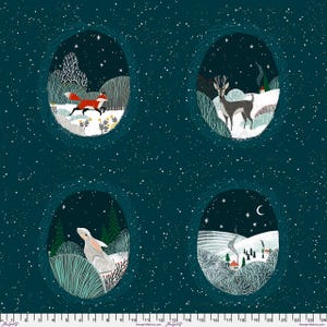 May include: A dark teal fabric featuring four oval vignettes of winter scenes with a fox, a deer, a rabbit, and a snowy village. The background is speckled with white dots. A ruler at the bottom shows a measurement of 24 inches in total length.