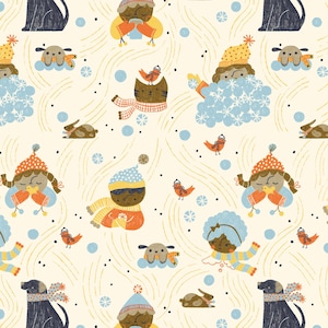 May include: A whimsical winter-themed pattern featuring children, animals, and birds. The design includes figures wearing hats, scarves, and mittens, with snowflakes and dotted accents on a cream background. The illustrations are in shades of blue, orange, yellow, and brown.