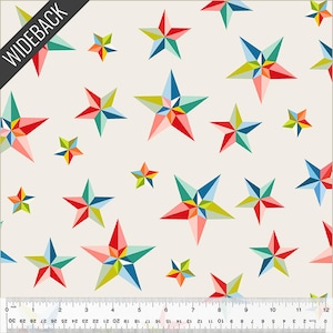 May include: Cream-colored fabric with a repeating pattern of colorful geometric stars. The stars are in shades of red, blue, green, yellow, and pink. The fabric has a ruler along the bottom with measurements in inches. The text "WIDEBACK" is in the upper left corner.